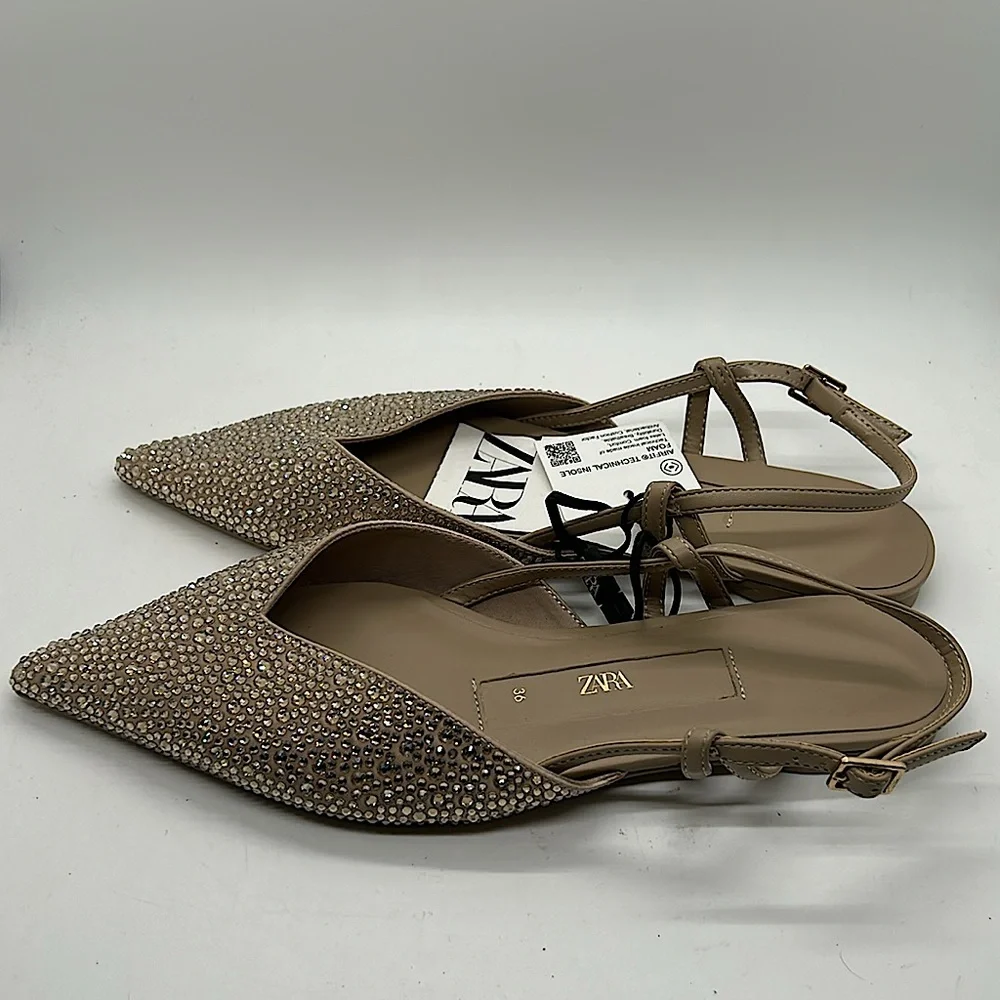 Zara NWT Tan Glittery Rhinestones Pointed Toe Flats Shoes **Size 36/US 6** 🌸🌸 - Picture 4 of 6